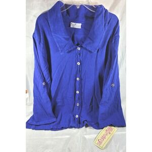 Cottonways OSFM One Size Collared Roll Tab Sleeves Cotton Gauze Top - Blue